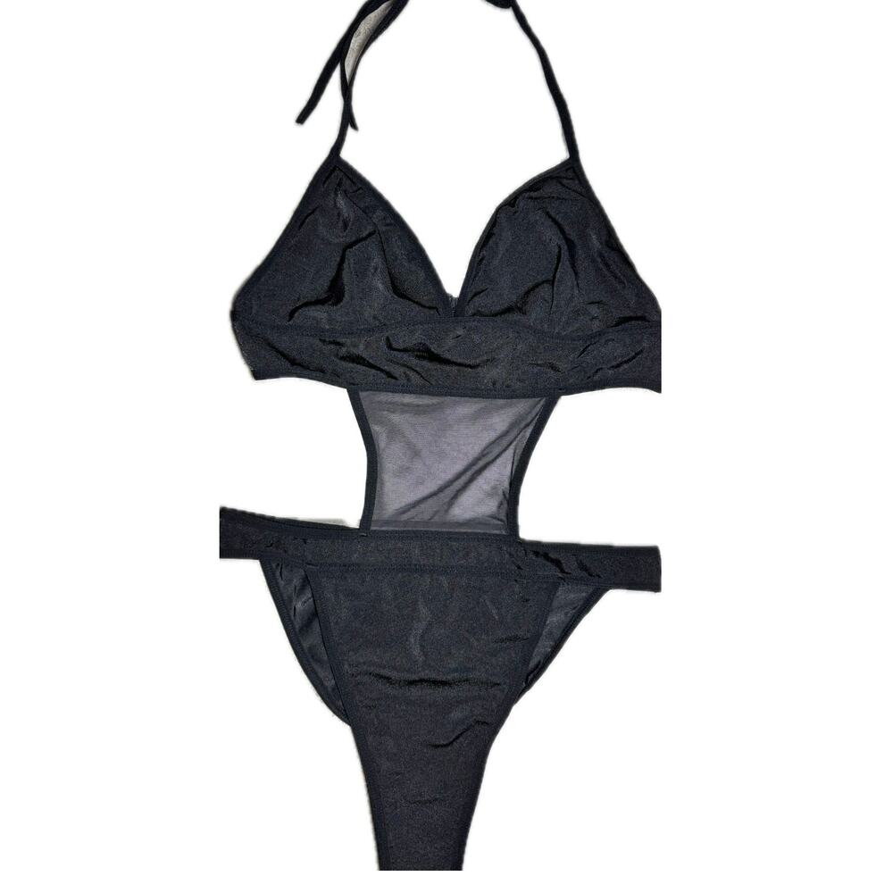 Avidlove Women’s Black Monokini Swimsuit Sz M – Mesh Cutout One-Piece Halter NWT
